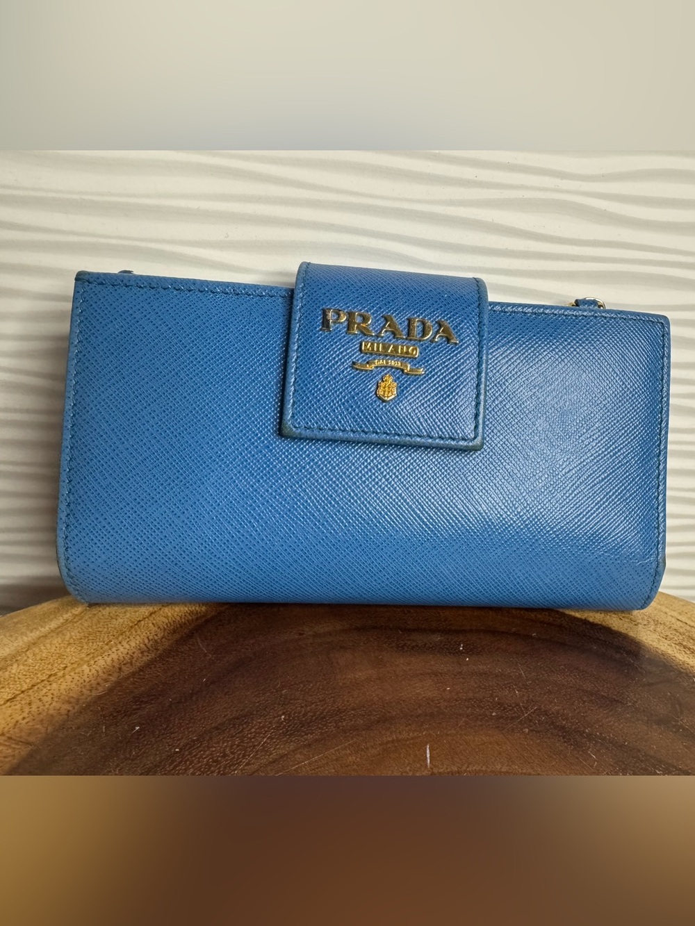 Prada Blue Saffiano Leather Continental Wallet with Gold Logo